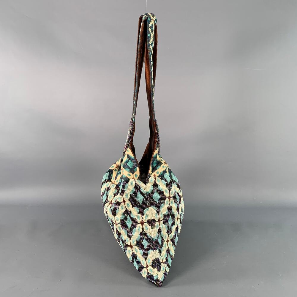 MURIEL BRANDOLINI Blue Brown White Beaded Hand Embroidered Cotton Handbag - Picture 4 of 9
